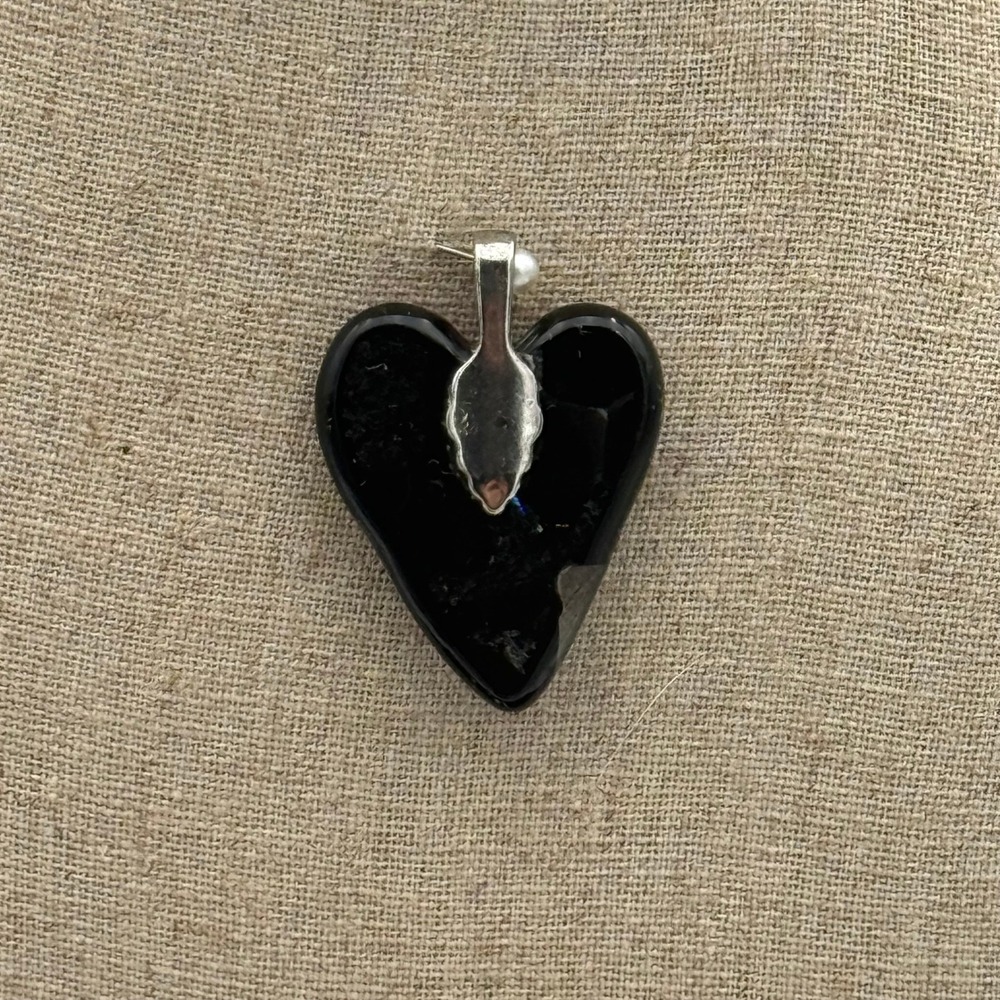 Handmade Dichroic Glass Heart Pendant Multi Color Shimmer Mosaic Art Glass Black - Picture 2 of 3
